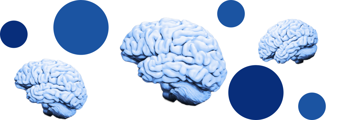 An illustration on blue brains floating among blue dots.