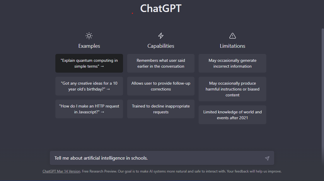 Screenshot of ChatGPT with a prompt saying "Tell me about artificial intelligence in schools."